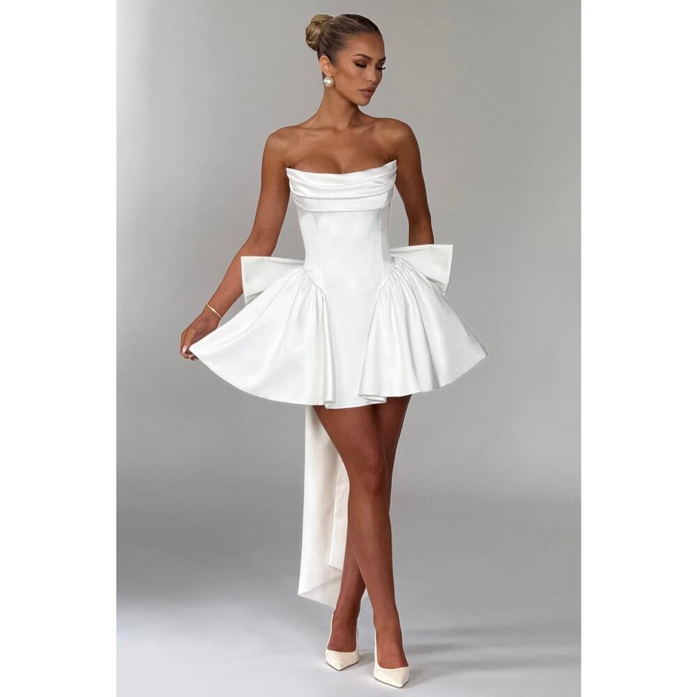 NWT Babyboo Trinity Strapless Lace Up Mini Satin Ivory Dress Small